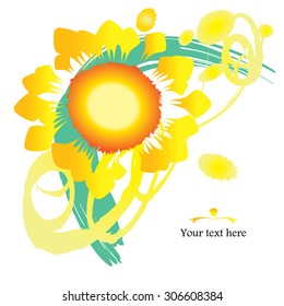 Sunflower grunge watercolor painting.  Sunflower and oil splashes painted by brush strokes and blotch. Abstract yellow background - Harvest  concept. Cover, label design, decor element. Isolated.