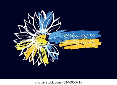 Sunflower hand drawn doodle illustration. Support Ukraine! Glory of Ukraine! Ukrainian flag with a Pray for Ukraine concept icon set