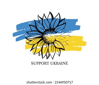 Sunflower hand drawn doodle illustration. Support Ukraine! Glory of Ukraine! Ukrainian flag with a Pray for Ukraine concept icon set