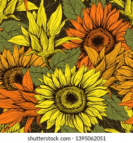 Sunflower hand drawn seamless vector pattern. Floral ink pen color texture. Sketch flowers color illustration. Helianthus vintage freehand drawing. Botanical wrapping paper, textile, background