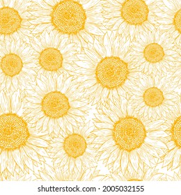 Sunflower hand drawn seamless vector pattern. Outline sketch illustration