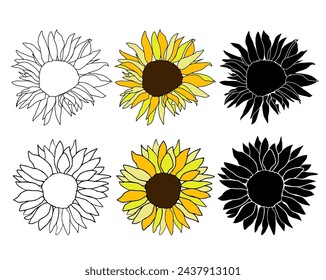 Sunflower head hand drawn elements set for design. Silhouette, line art black ink and colorful flower. Vector clip art for logo, coloring page, isolate on white background.