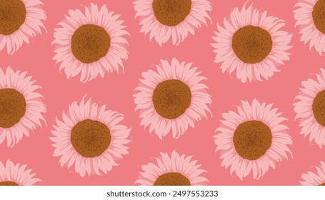 Sunflower heads seamless pattern on pink. Vector illustration repeated flower botanical ornament. Hand drawn blossoming plant design for textile, fabric, clothing, background, wrapping paper.