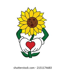 Sunflower with heart cartoon, Sunflower with face and hands drawing, Hand drawn layered vector happy flower