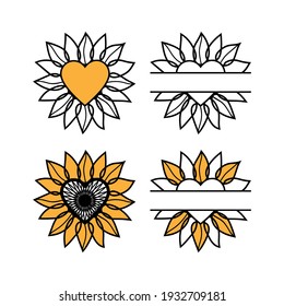 Sunflower heart monogram set in color and outline style for DIY art project, party signboard, home decor banner,  logo, label. Sunflower silhouette, cutting frame. Vector yellow summer flower.