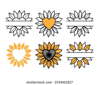 Sunflower heart monogram set in color and outline style. Hand drawn party signboard, home decor banner,  logo, label. Sunflower silhouette, cutting frame, yellow summer flower. Vector illustration.