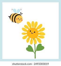 Sonnenblume mit herzförmigen Blättern und Bienen-Cartoon-Symbol-Zeichen isoliert auf weißem Hintergrund Vektorgrafik.