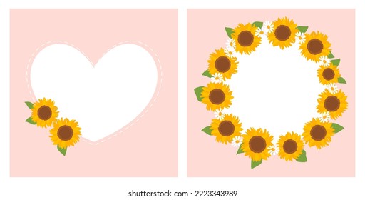 Sunflower with heart shape sign, sunflower and daisies wreath on pink backgrounds vector illustration.