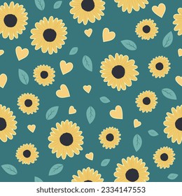 El girasol y los corazones son un vector de patrón sin fisuras. Impresión veraniega floral para textiles, tejidos, envolturas en verde