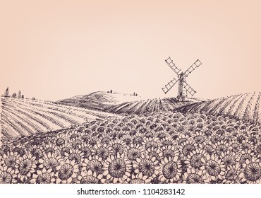 Sunflower hills, artistic landscape, windmill in the background