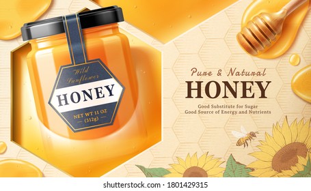 Sunflower honey jar in a liquid in 3d illustration with honey dipper, honeybee and sunflower design elements on engraved honeycomb background