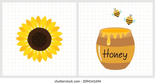 Sunflower, honey pot and bee cartoons on grid cells backgrounds vector illustration.