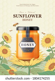 Sunflower honey product in 3d illustration on a sunflower with honeybees over engraved honeycomb background