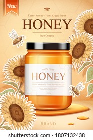 Sunflower honey product with honeybees in 3d illustration with sunflower engravings