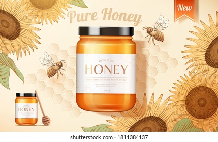 Sunflower Honey Product Jar Honeybees 3d Stock Vector (Royalty Free ...