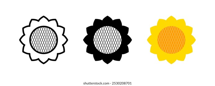 Ícone de girassol. Símbolo de colheita agrícola. Ilustração do vetor da flor de Helianthus. Sinal de sementes de girassol. Pictograma da exploração rural. Campo de flor de sol amarelo conceito isolado.