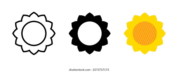 Sunflower icon. Agriculture harvest symbol. Helianthus flower vector illustration. Sunflower seeds sign. Countryside farm pictogram. Yellow sun flower field isolated concept.