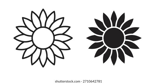 Icono de girasol en un diseño de Vector de trazo negro y versión sólida plana sobre fondo blanco