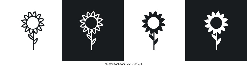 Sunflower icon collection in black and white filled and stroke line style.