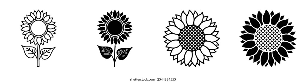 Sunflower icon collection in black and white filled and solid vector style.