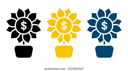Sunflower Icon with Dollar Sign Isolated on White Background. Financial Growth Symbol. Vector Illustration