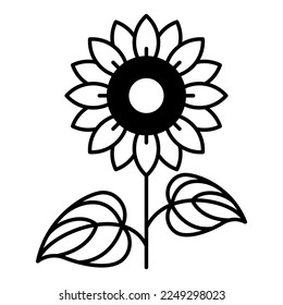 Sunflower icon. Flat line illustration of agriculture plant with large flower, leaves, oily seeds in flower core. Minimalistic symbol for label, flower shop, cookbook, design. Editable thin strokes