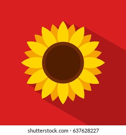 Sunflower icon in flat style with long shadow on red background. Vector Illustration