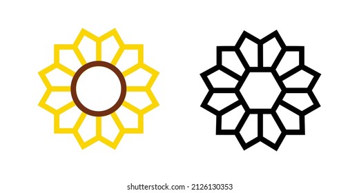 Sunflower icon in hexagon line style set on white background.