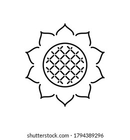 Sunflower icon. Linear logo for vegetable oil, natural eco products. Black simple illustration of flower with textured core and wavy petals. Contour isolated vector pictogram, white background