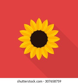 Sunflower icon with long shadow, flat style - Vector