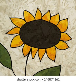 Sunflower icon on the old paper background. Vector art