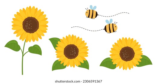 Sunflower icon set and bee cartoons isolated on white background vector illustration.