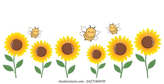 Sunflower icon set and bee cartoons isolated on white background vector illustration.