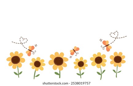 Sunflower icon set and butterfly cartoons isolated on white background vector.
