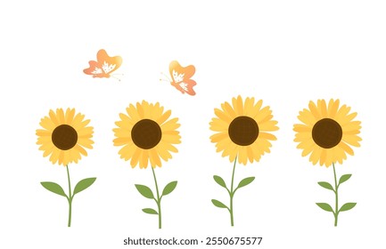 Sunflower icon set and butterfly cartoons isolated on white background vector.