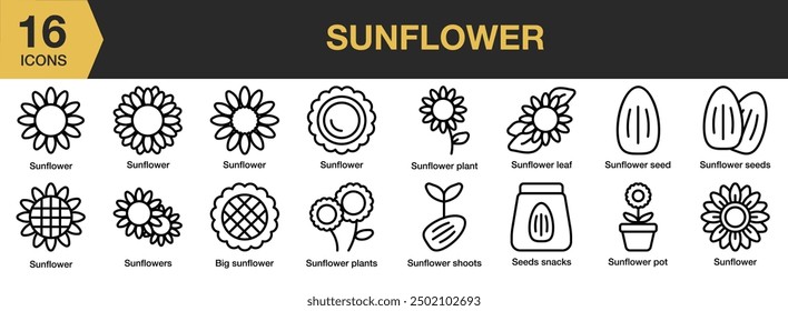 Sunflower icon set. Includes seeds, pot, plant, leaf sunflower, and More. Outline icons vector collection.