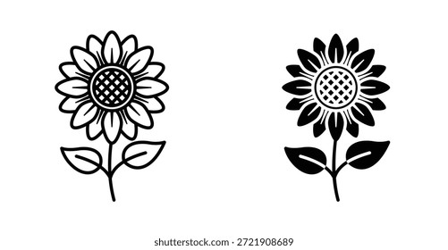 Conjunto de iconos de girasol. Símbolo de Vector de girasol en estilo negro relleno y delineado.