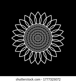 Sunflower icon. Vector illustration. White simple outlines. Isolated element on black background. Great for the design of banners, decoration, logo, label, stickers, cards, textiles, prints, etc.