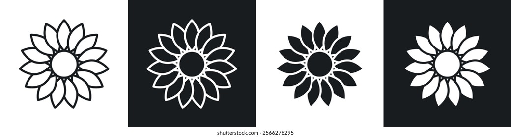 Sunflower icons collection in black filled and line style.