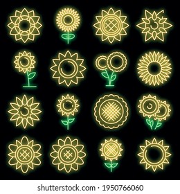 Sunflower icons set. Outline set of sunflower vector icons neon color on black