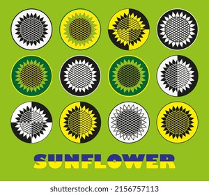 Sonnenblumen-Symbole gesetzt. Vektorgrafik. Die Inschrift Sonnenblume in den Farben der Flagge der Ukraine.
