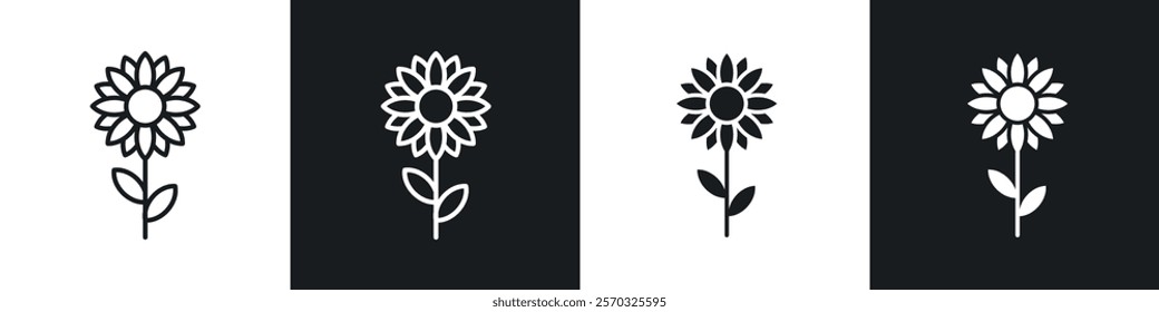 Sunflower icons vectors set in black. line and flat versions