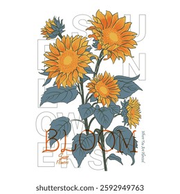 Sunflower illustration, Beautiful flower cartoon drawings and positive quote slogan text design. For fashion graphics, kids t shirt prints. flowers Graphic design print t-shirt fashion, vector