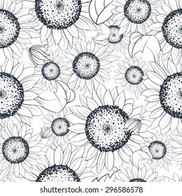 sunflower illustration seamless pattern, monochrome style