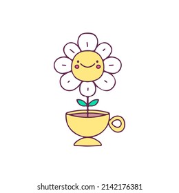 Sunflower inside a cup of coffee, illustration for t-shirt, street wear, sticker, or apparel merchandise. With doodle, retro, and cartoon style.