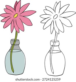 Sunflower Inside Jar with Water Isolated hand drawn illustration. Vector graphic line ink colored art. Use for cosmetic package, shop, store, products, spa salon, wellness program, skin.

