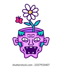 Sunflower inside zombie head, illustration for t-shirt, sticker, or apparel merchandise. With doodle, retro, and cartoon style.