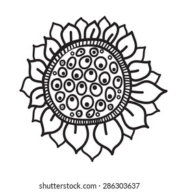 Sunflower isolated, black and white graphics on a white background, painted by hand.