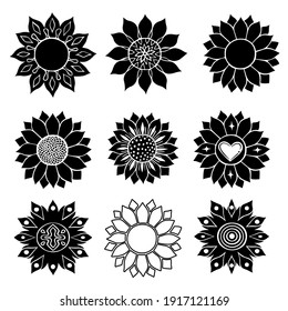 Sunflower isolated on white background. Flat vector illustration. Boho tribal print.design illustration.silhouette black style. Nature flower set. summer shapes botanical set.Graphic abstract decor.