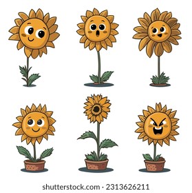 Sonnenblume einzeln auf weißem Hintergrund. Sammlung lustiger Charaktere von Sonnenblumen. Rutsche lächelnde Babyblume. Sonnenblumenpflanze für Kinder. Alles Gute zum Blumensymbol. Sonnenblume, Vektorgrafik.
